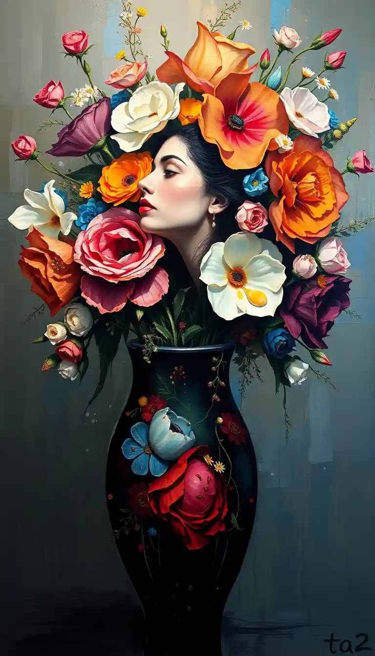 Mujer elegante contemplando una explosión abstracta de flores