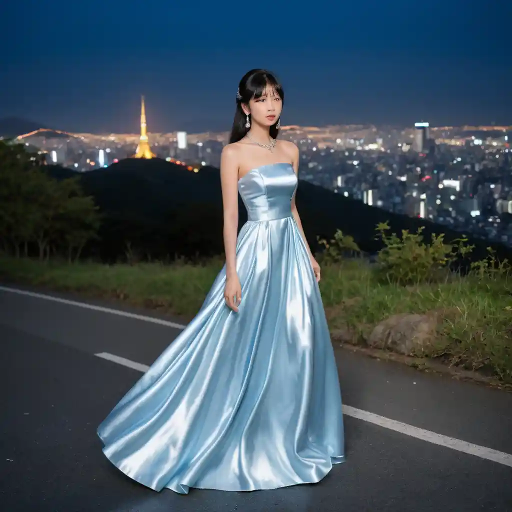 Elegant girl in blue satin gown on a night hillside