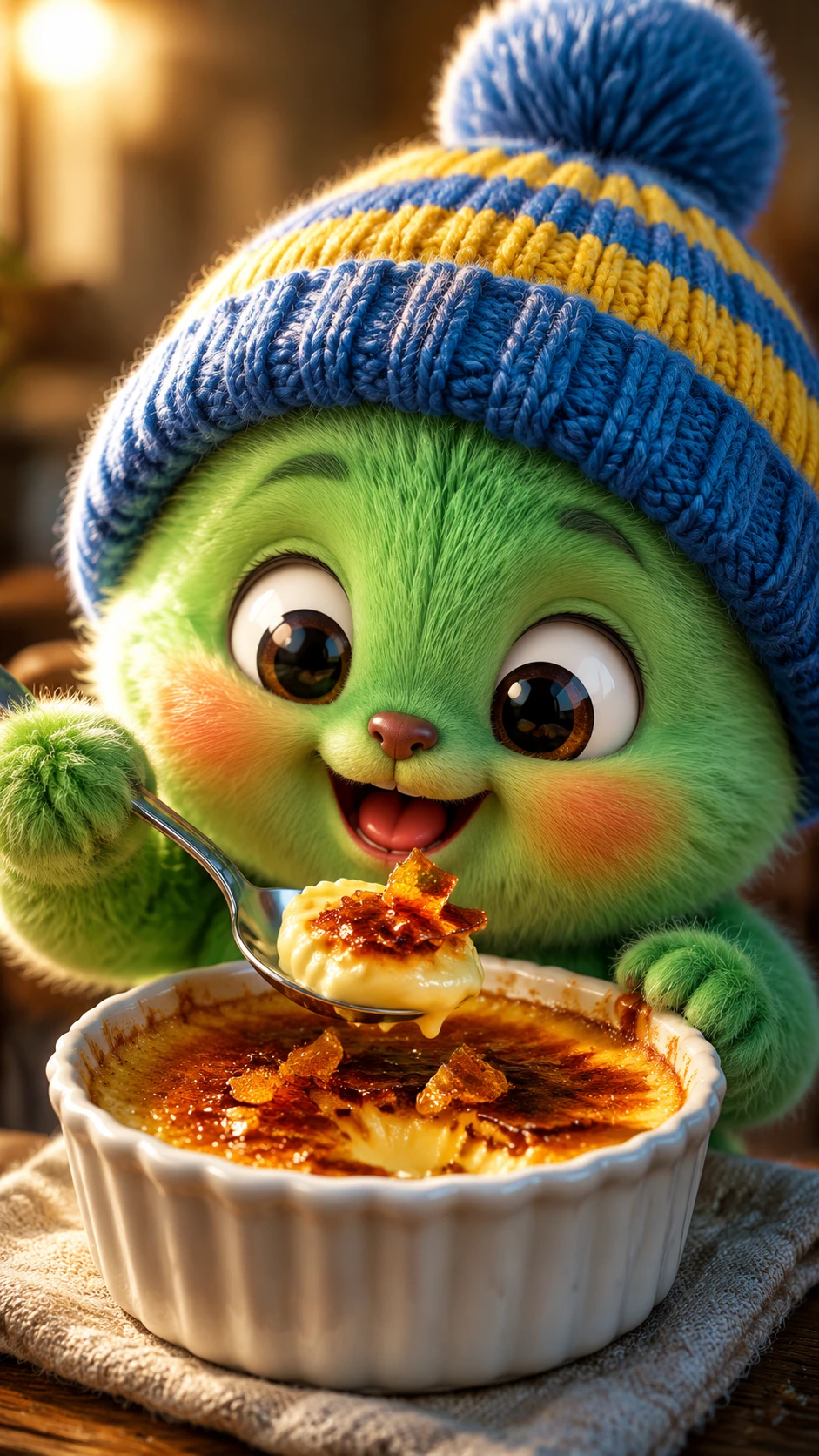 Tierna criaturita chibi verde disfrutando de un postre crème brûlée