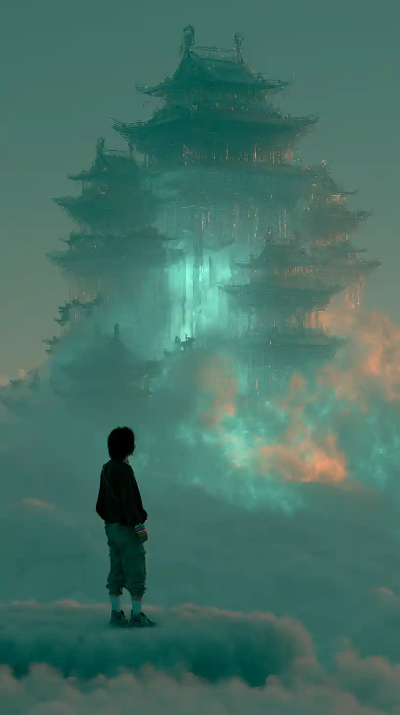 Lone Figure Gazing At Crystal Celestial Palace In The Sky