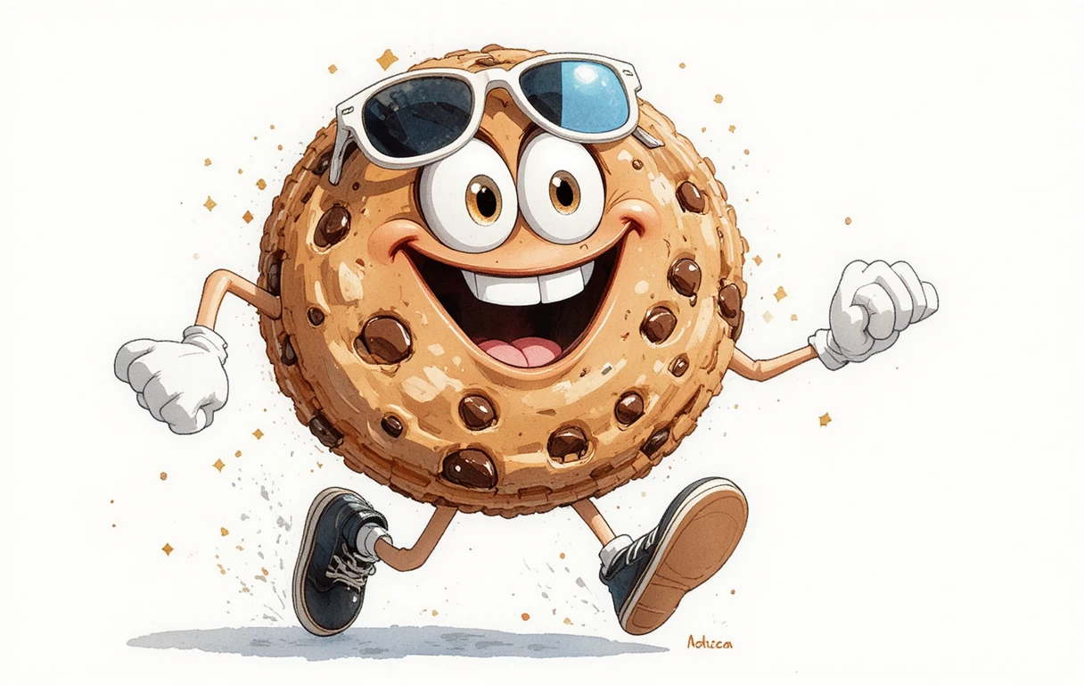 Cartoon chocolate chip cookie character running with sunglasses