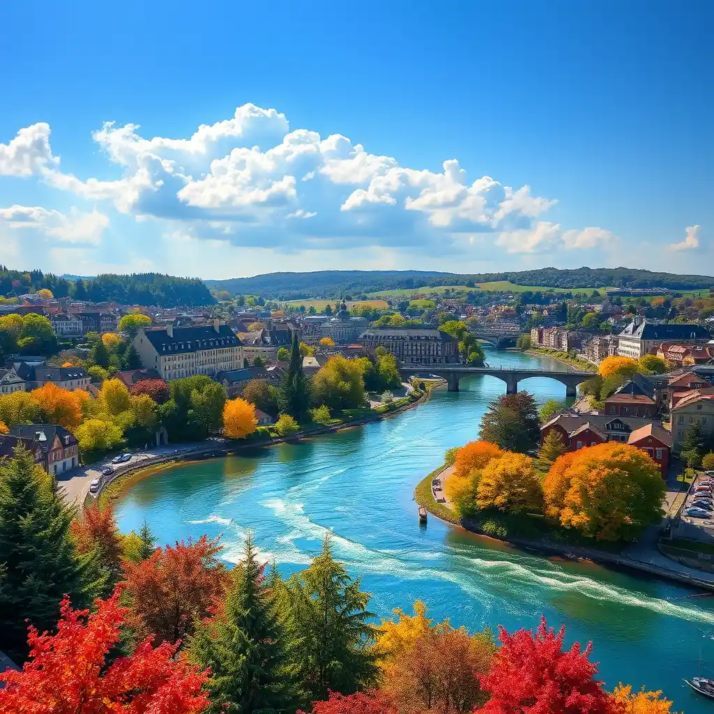 Colorful riverside town with baroque buildings and bridge