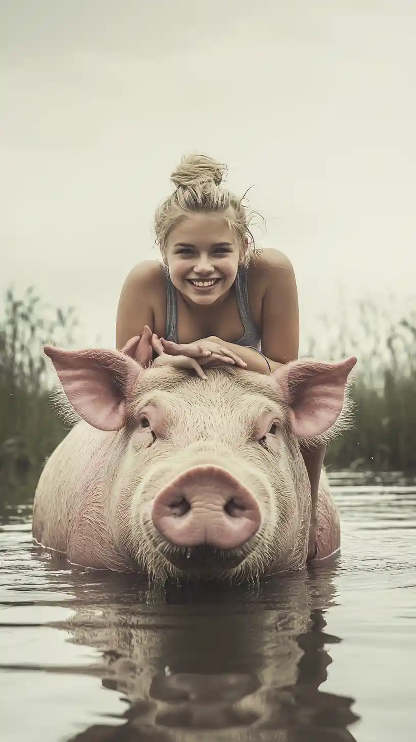 Mulher feliz montando um porco rosa gigante em água rasa