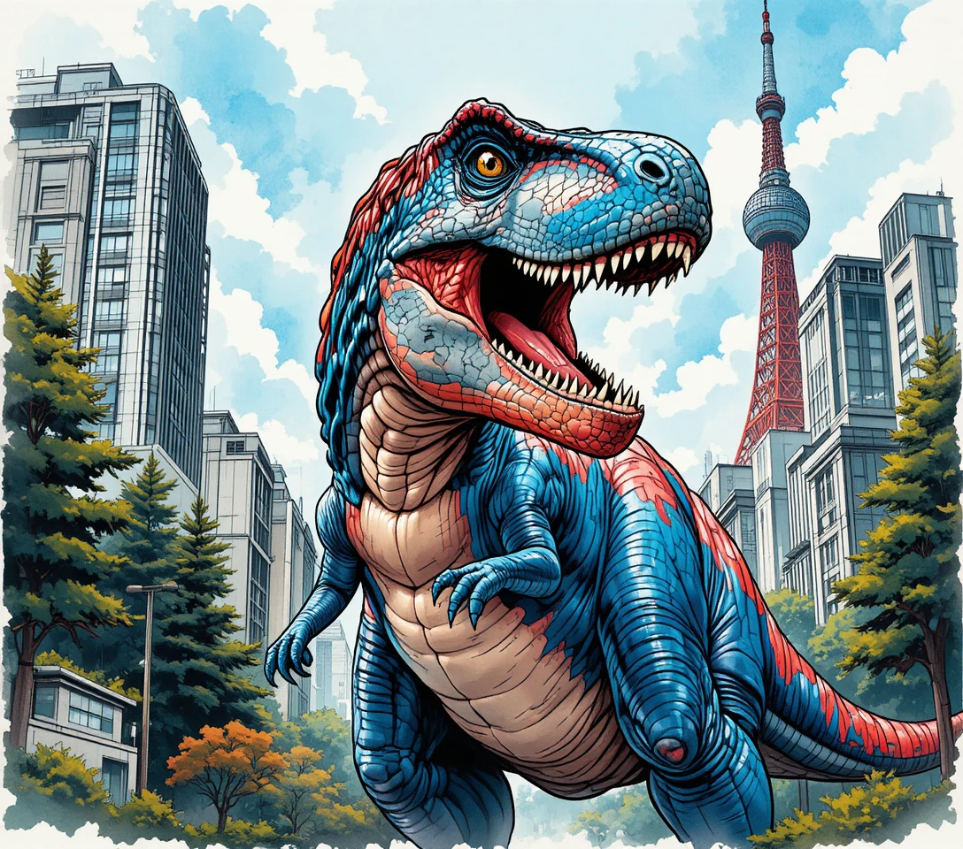 Colorful tyrannosaurus rex towering over a stylized cityscape