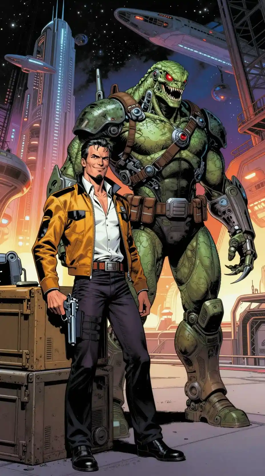 Sci fi smugglers in a futuristic comic book spaceport