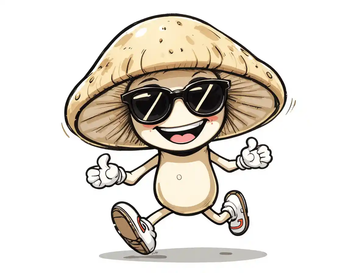 Personaje de hongo retro corriendo con una gran sonrisa alegre