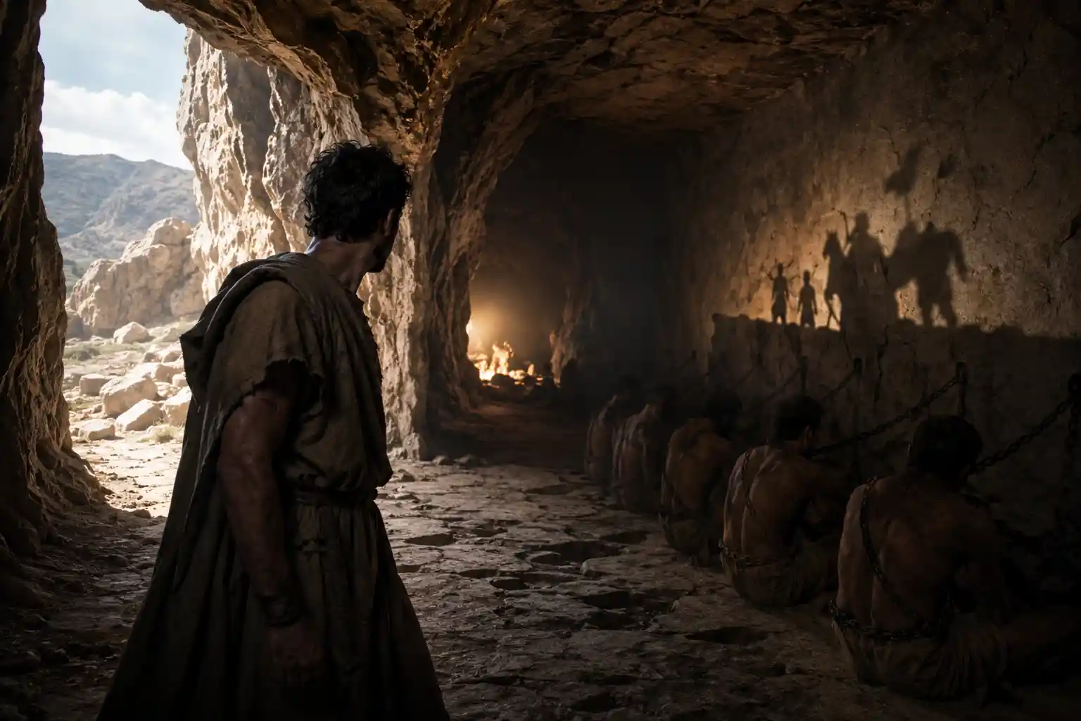 Hombre que escapa de las cadenas de la cueva de Platón mientras otros miran sombras