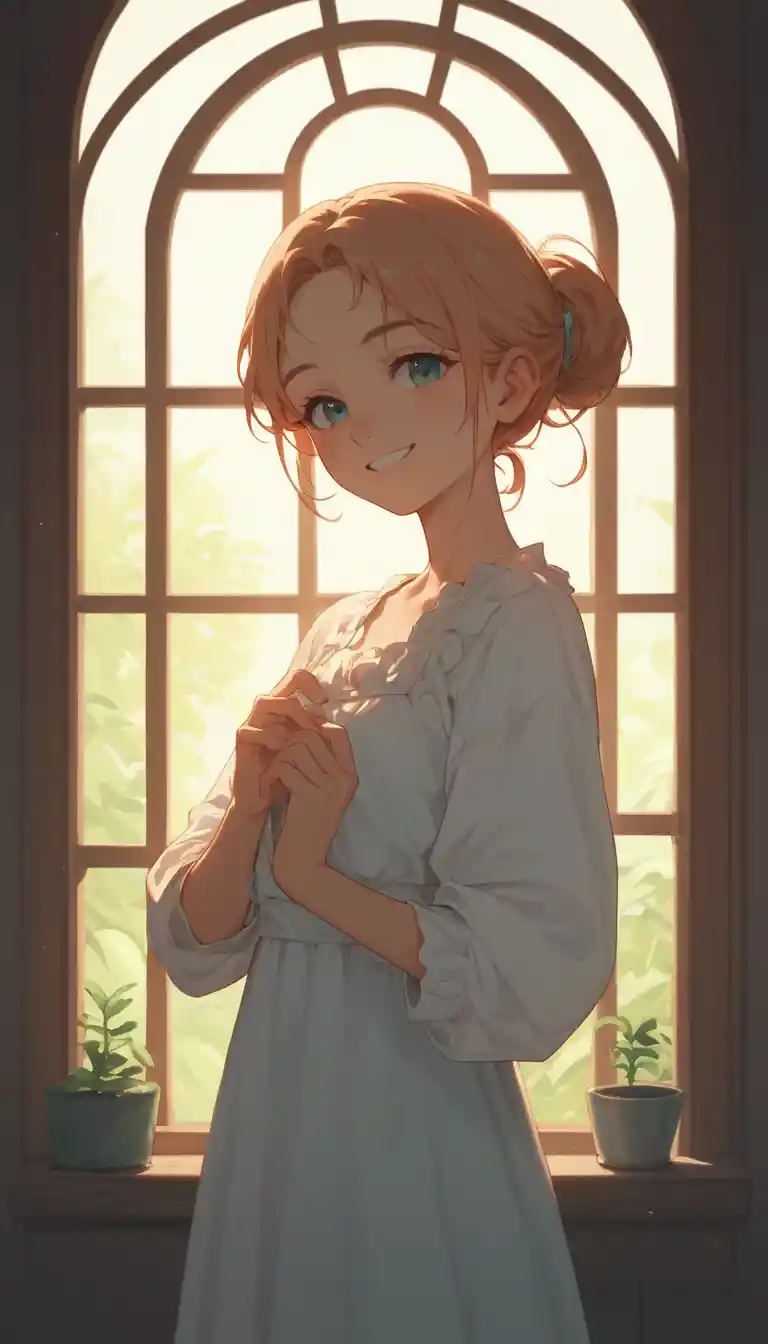 Linda chica caballera de anime relajándose en un dormitorio acogedor