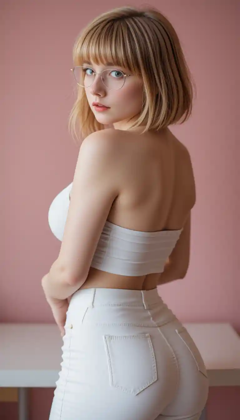 Mujer rubia curvilínea de blanco posando en ángulo bajo