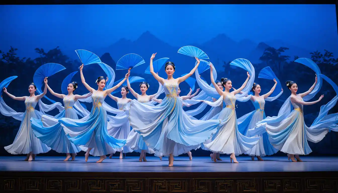 Traditional Chinese dancers performing with blue fans on stage