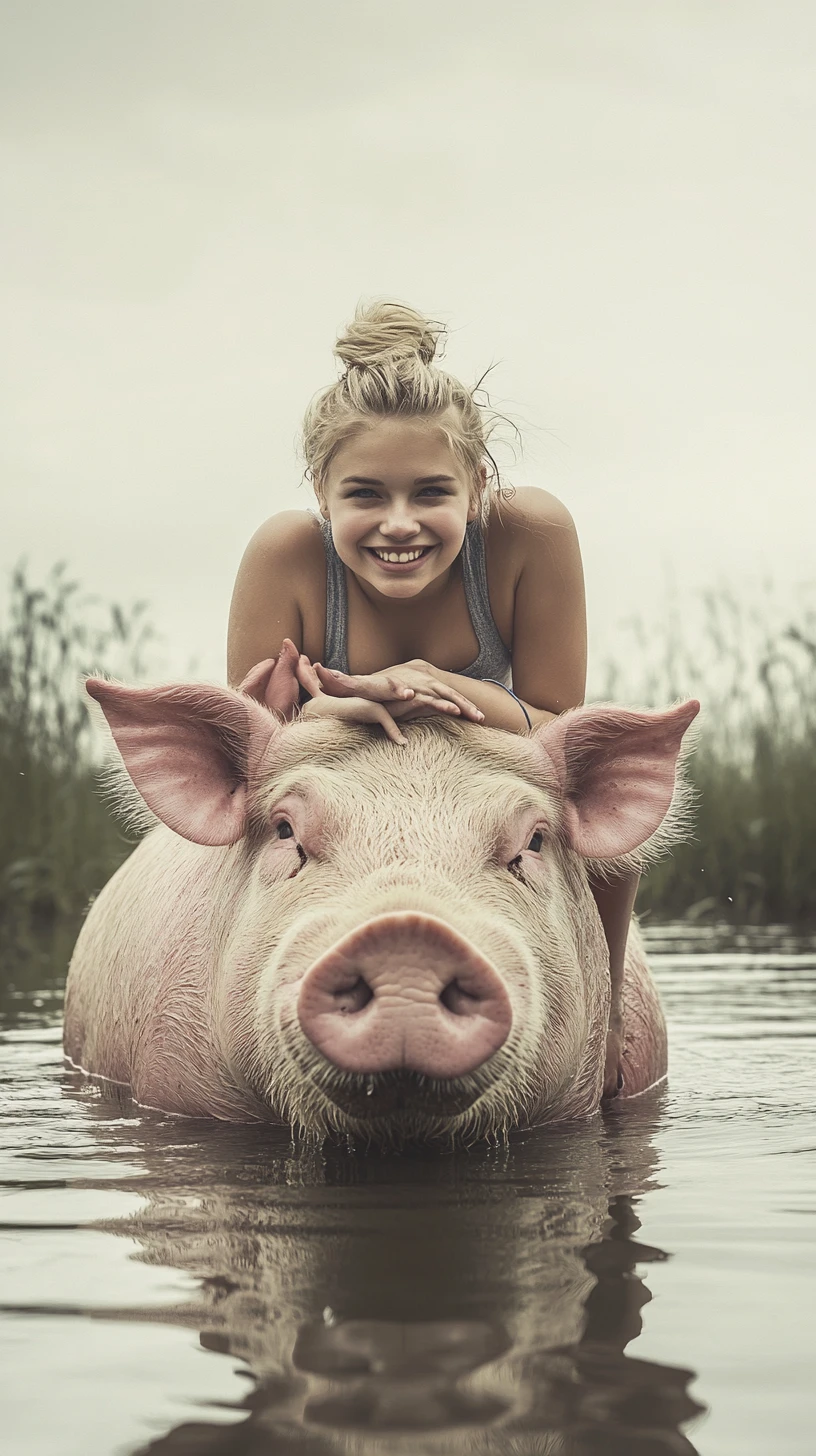 Mulher feliz montando um porco rosa gigante em água rasa