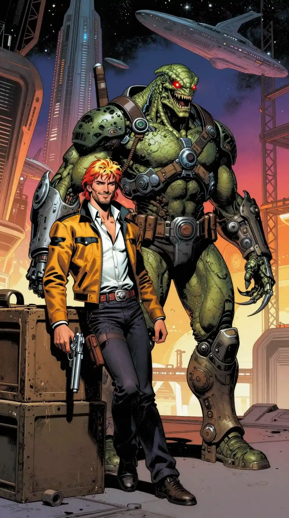 Retro comic duo of space smugglers in futuristic spaceport
