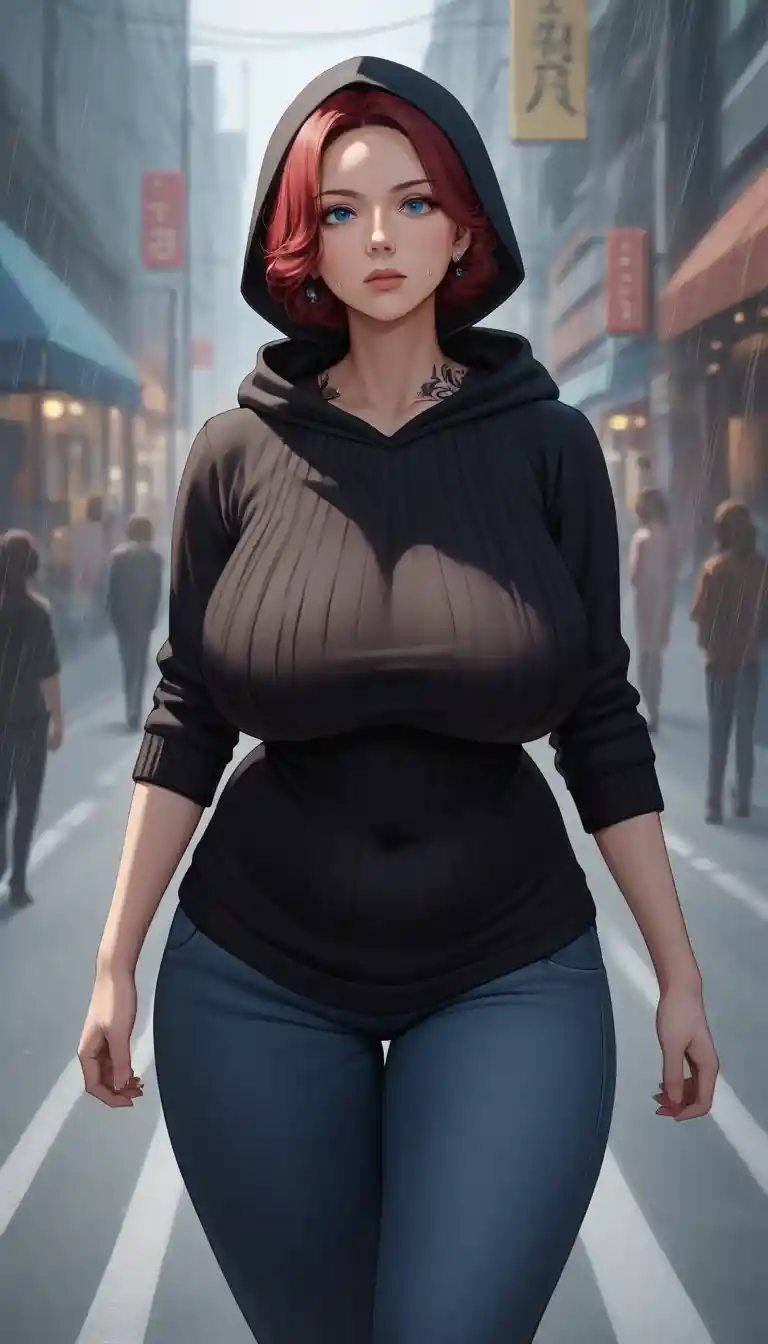 雨の暗い通りに立つカジュアル服のアニメ女性
