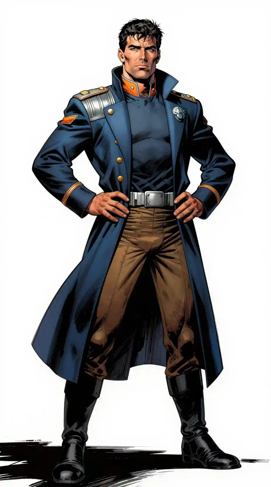 Confident starship captain in futuristic navy blue uniform