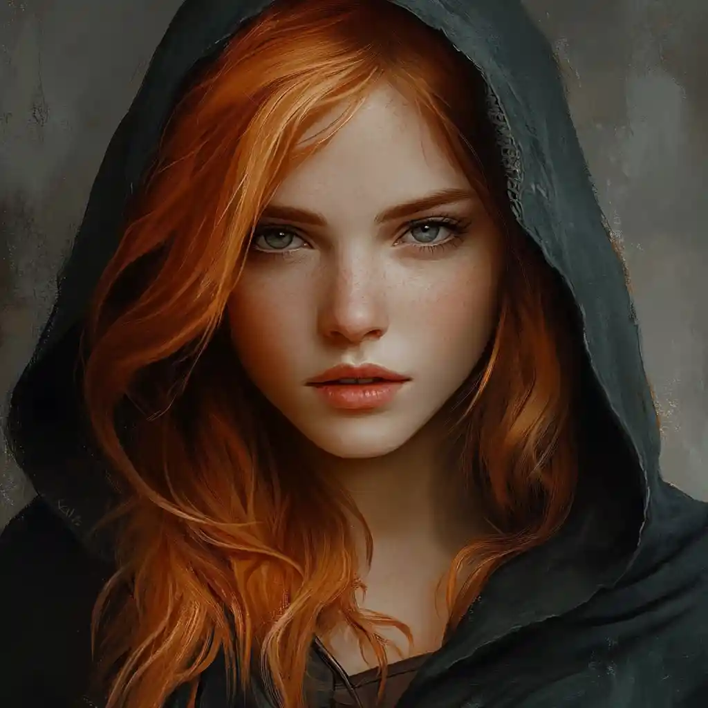 Curious elf rogue woman in a hooded cloak portrait