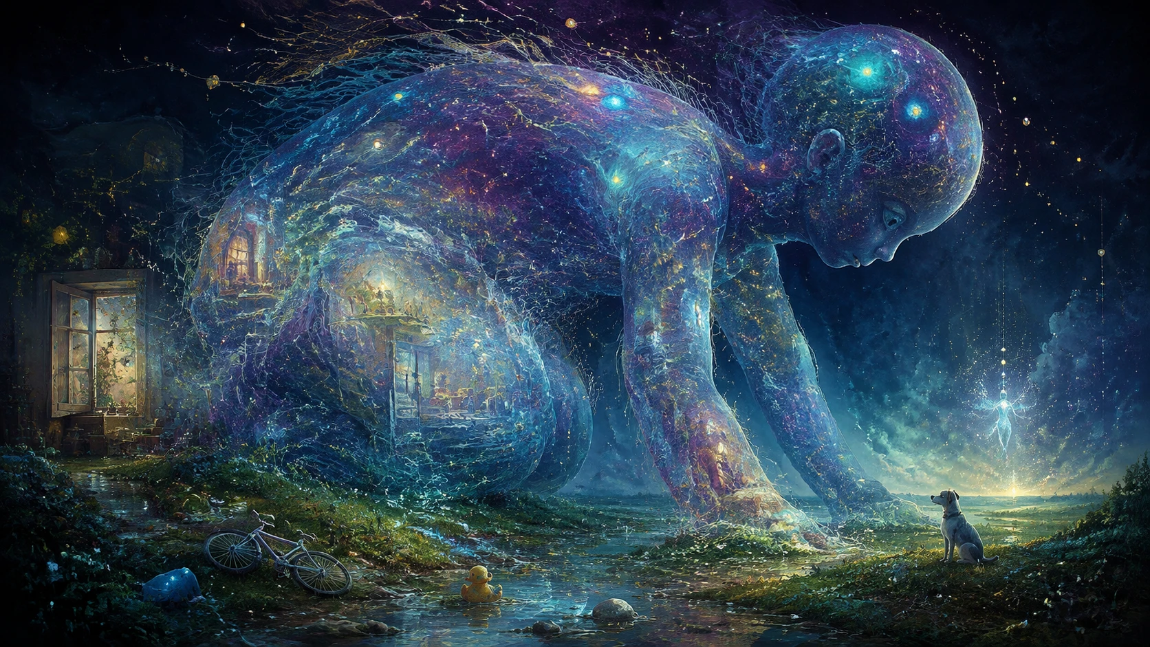 Criatura surreal monumental vagando por uma vasta paisagem de memórias