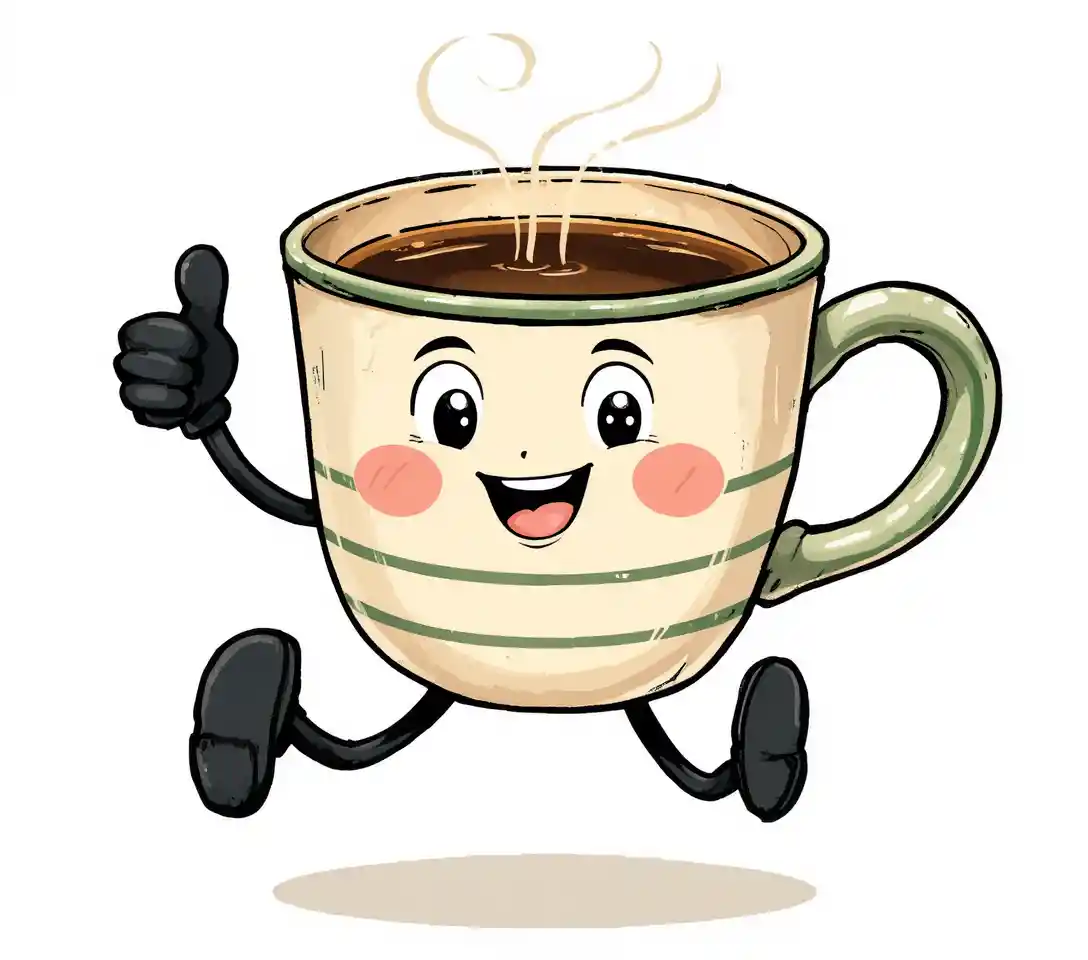 Fröhliche Vintage-Cartoon-Kaffeetasse beim Laufen