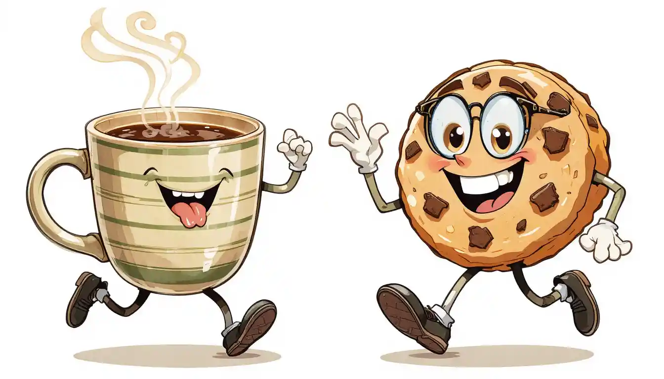 Retro cartoon coffee cup character with joyful expression