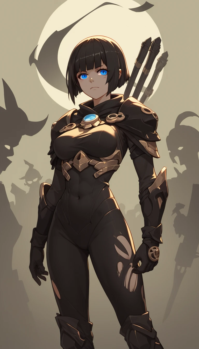 Heroína guerreira de anime em pose com collant blindado elegante