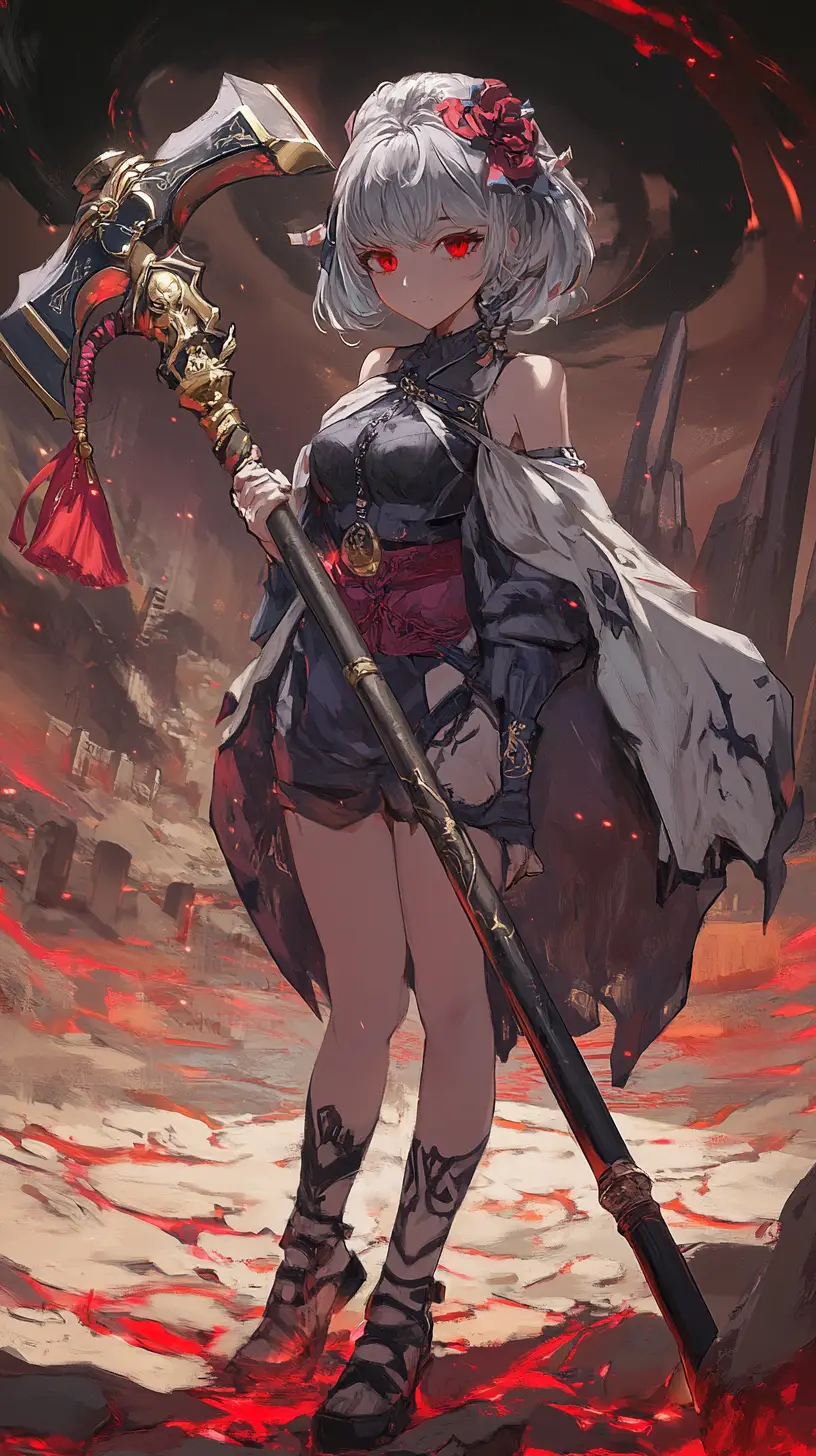 Anime girl warrior holding a massive engraved hammer