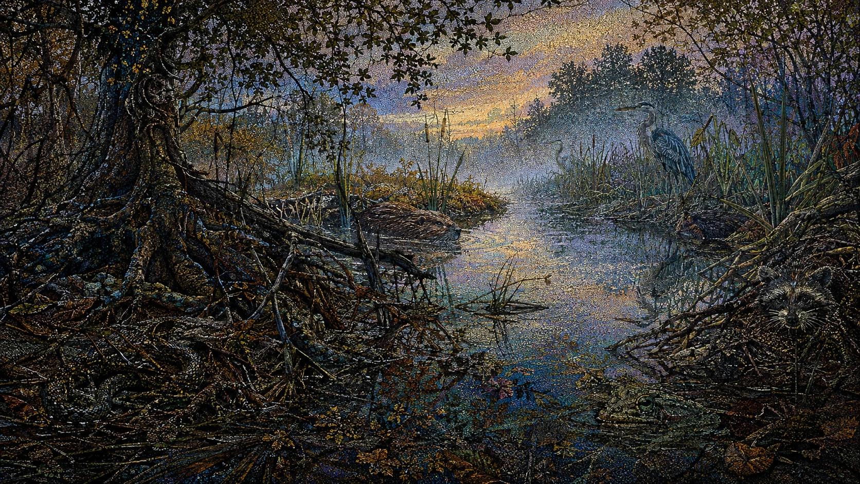Hidden wetland animals in an intricate panoramic landscape