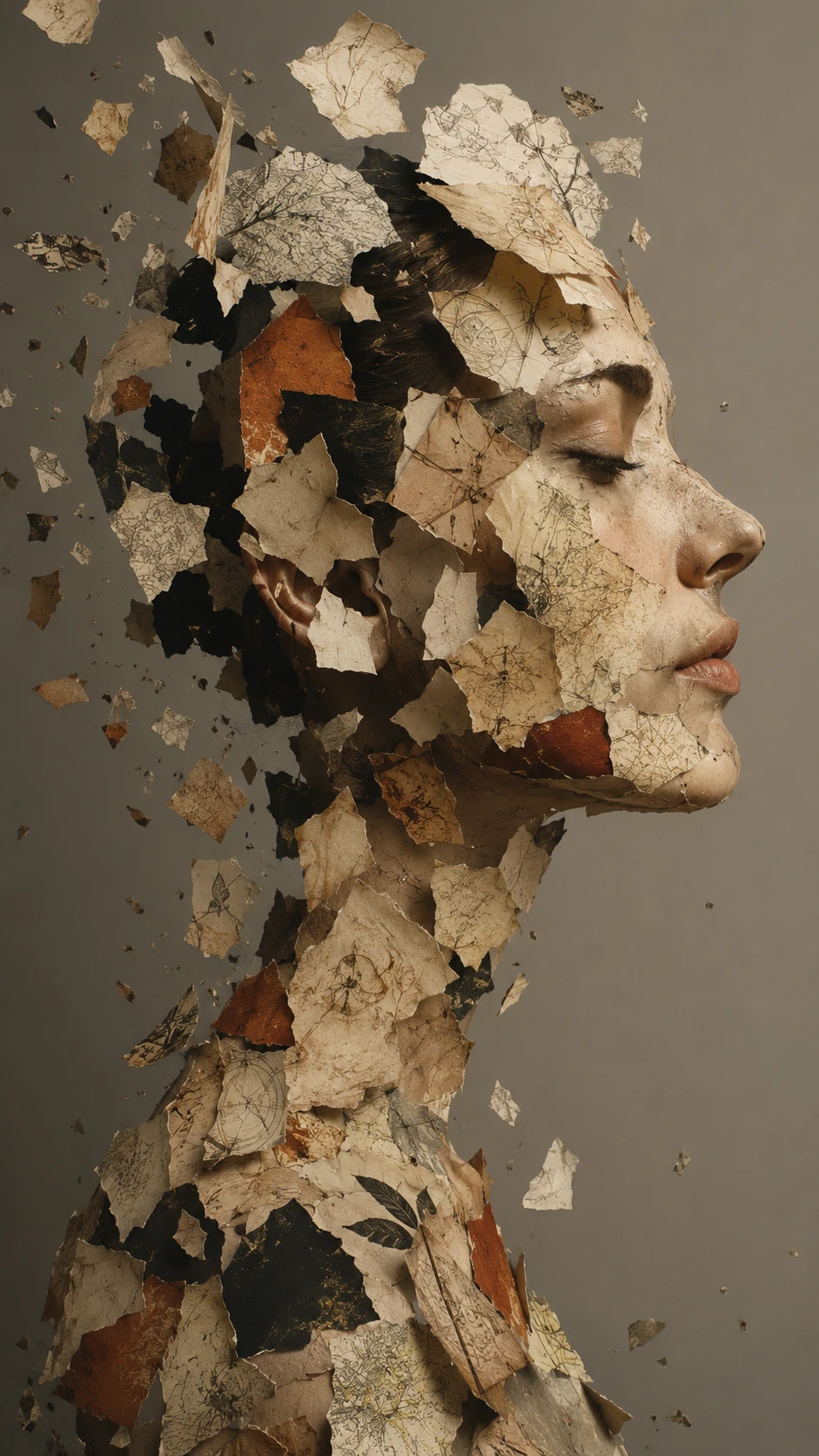 Surreales Papier-Collage-Porträt aus schwebenden zerrissenen Fragmenten