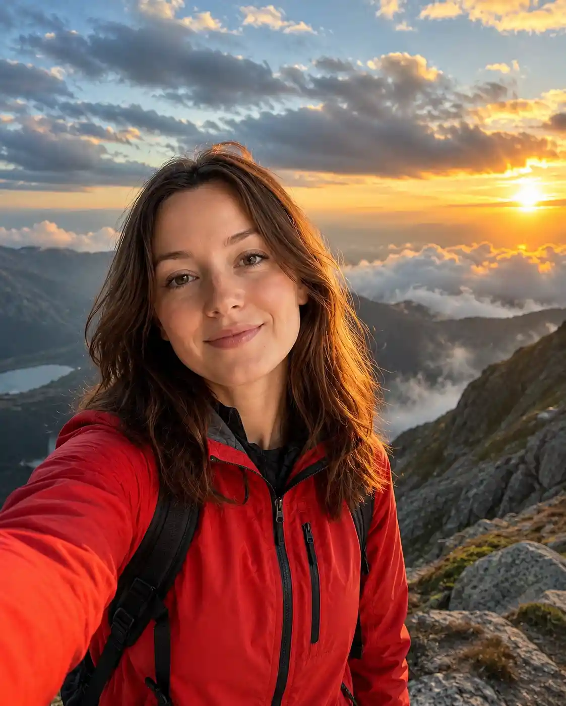 Selfie energico di una donna che fa trekking all’alba in montagna