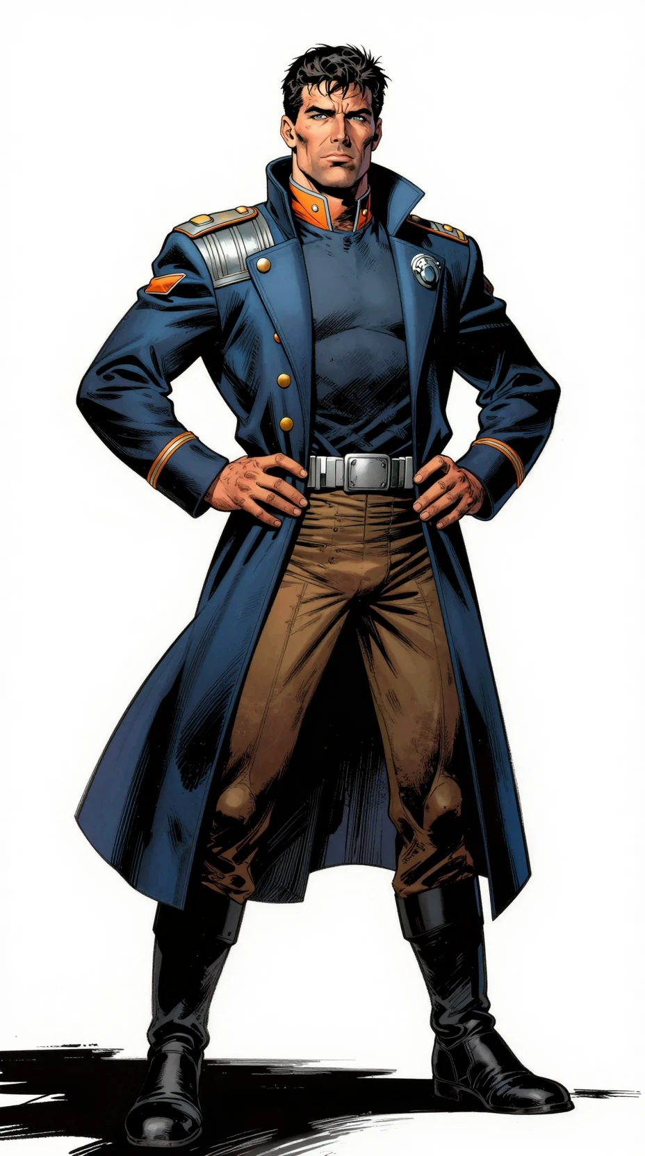 Confident starship captain in futuristic navy blue uniform
