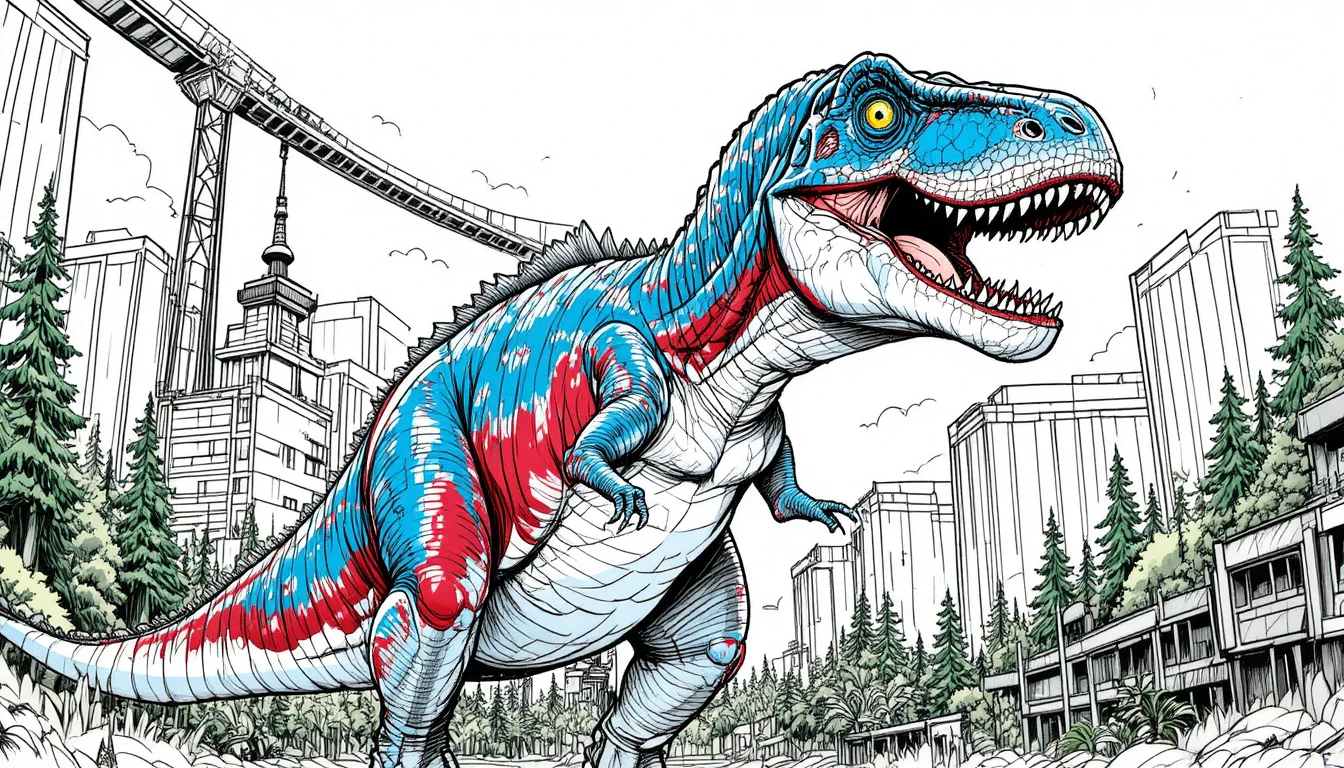Tyrannosaurus rex towering over a stylized retro cityscape