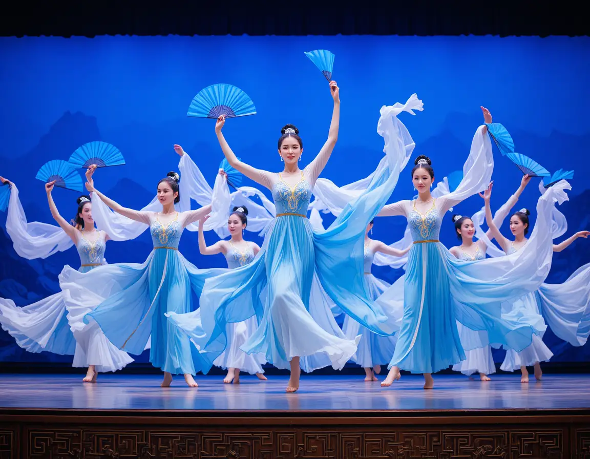Bailarinas tradicionales chinas con abanicos azules en el escenario