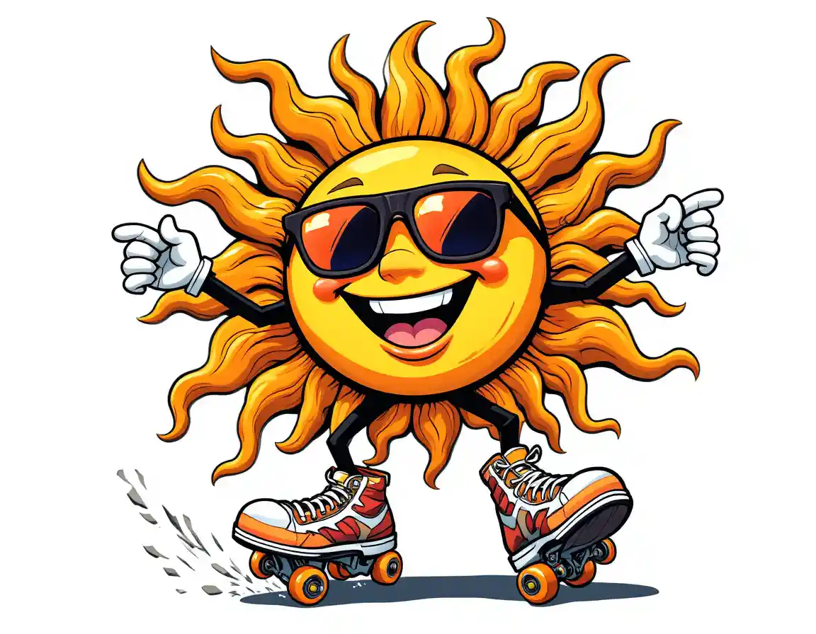Smiling cartoon sun skating in retro sunglasses