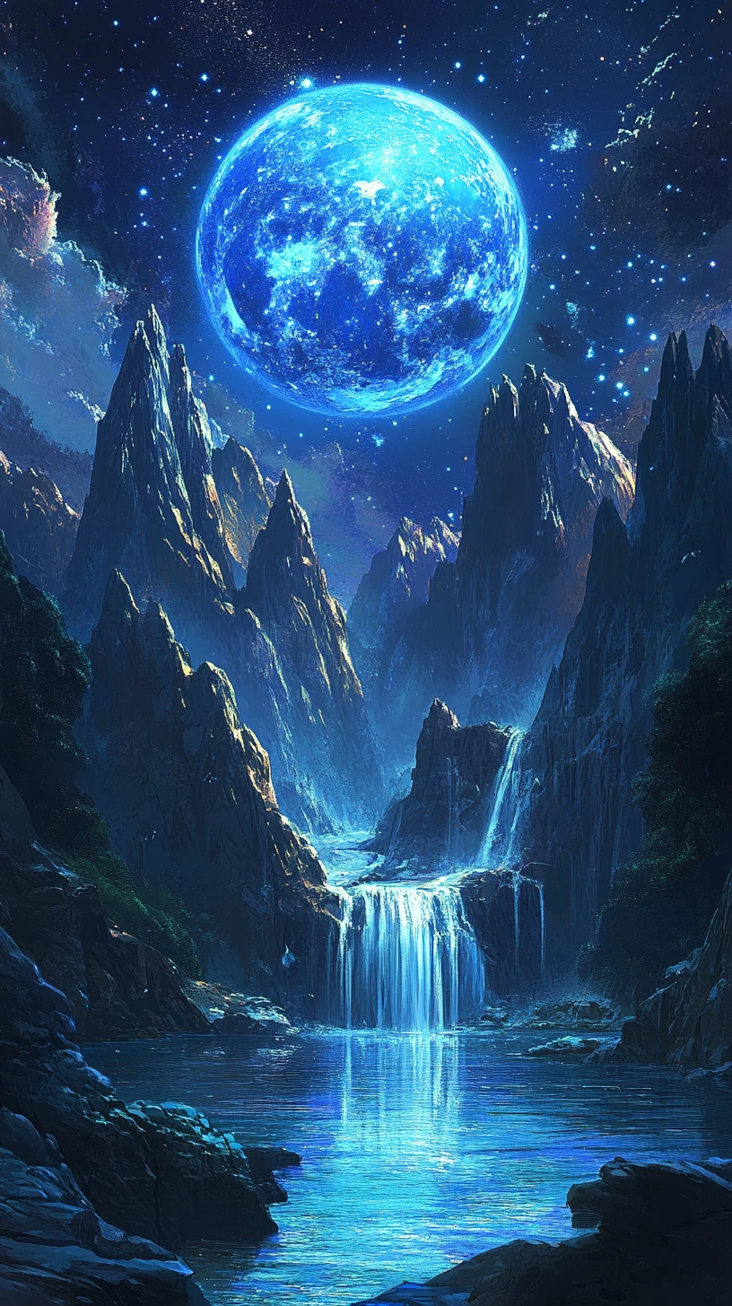 Fantastical blue planet above spiky mountains and still lake