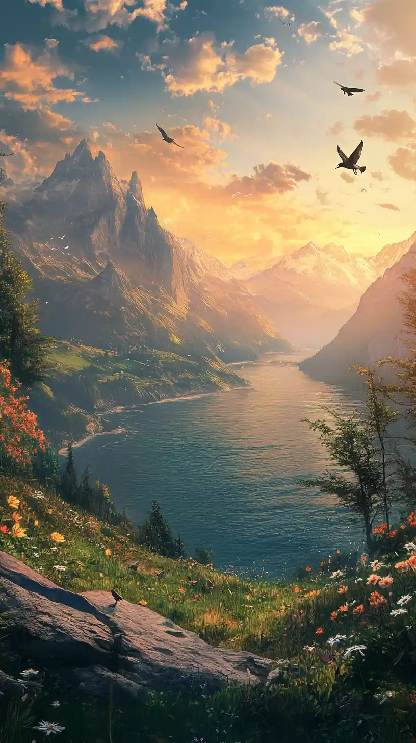 Sunrise over the sea and distant mountain landscape