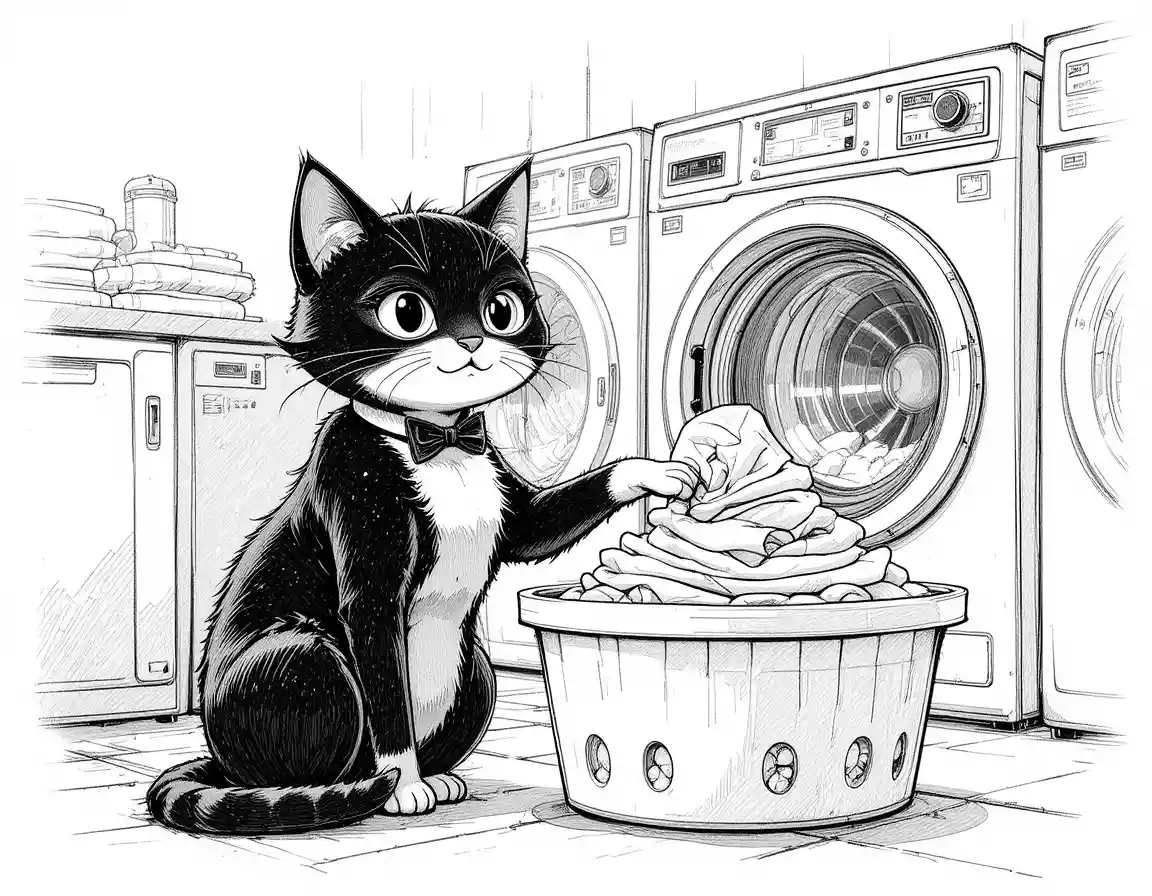 Tuxedo cat touching folded towels in a cozy laundry room