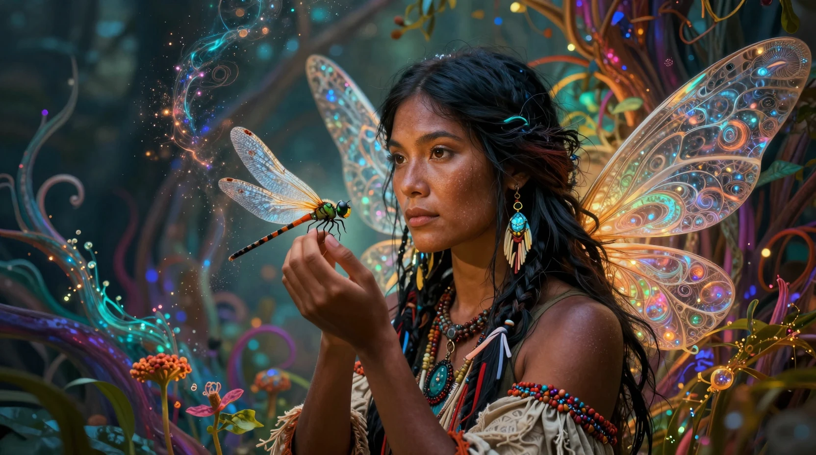Hada nativa americana sosteniendo una libélula en un bosque de fantasía brillante