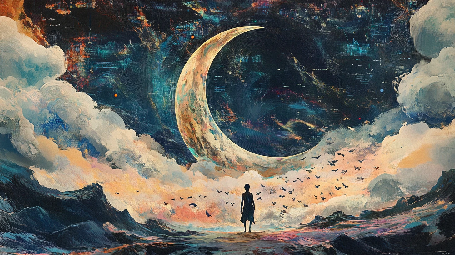 Guardiano soprannaturale che cammina sotto una vasta luna crescente