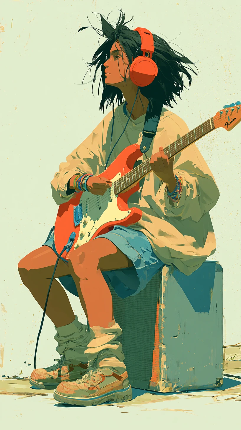 Stylish anime girl playing guitar on vintage amplifier