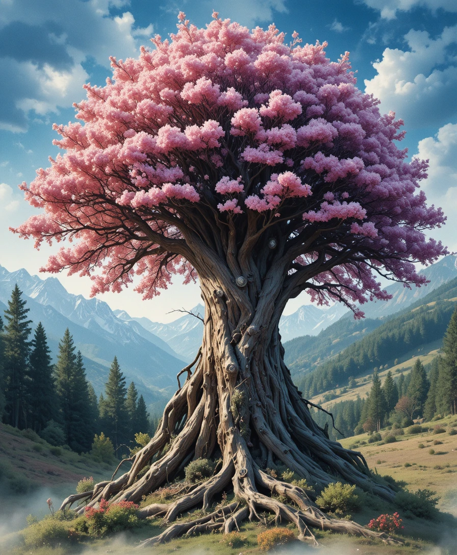Majestic ancient tree on a dreamy pink hillside
