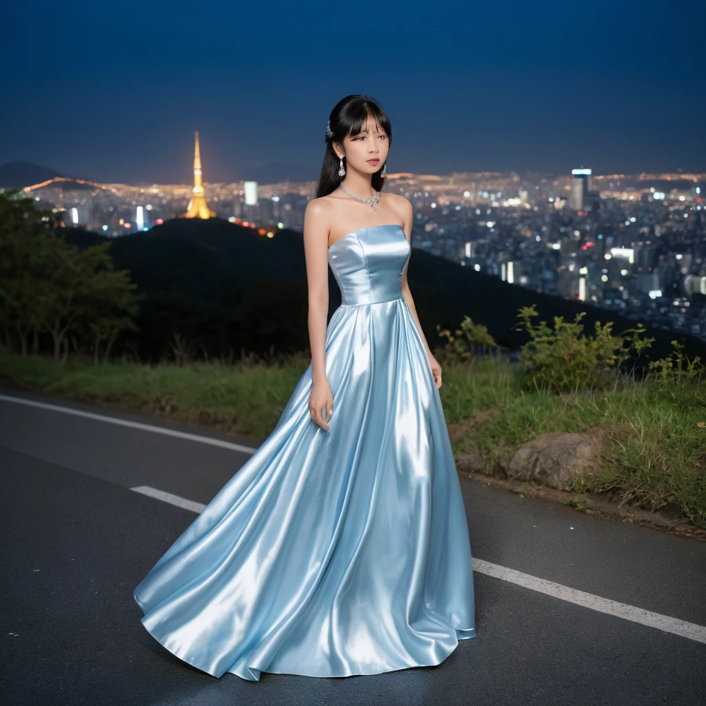Chica elegante con vestido de satén azul en una colina nocturna