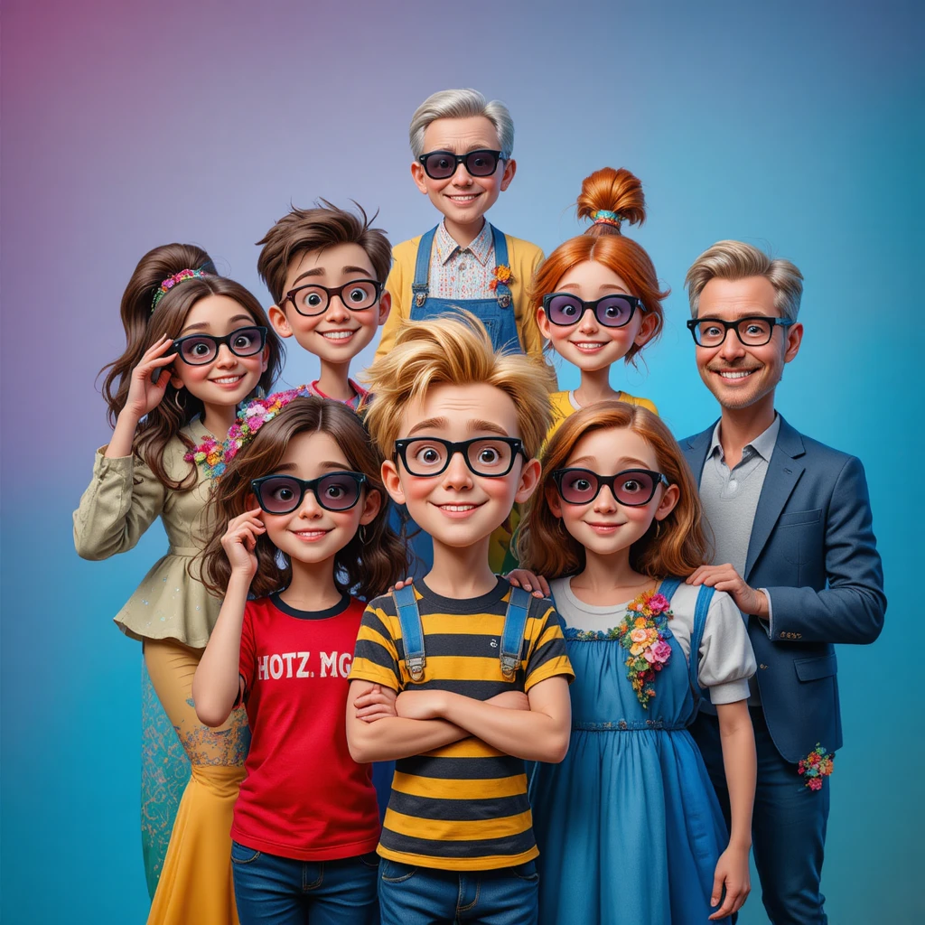 Smiling group of kids and adults in front of colorful backdrop