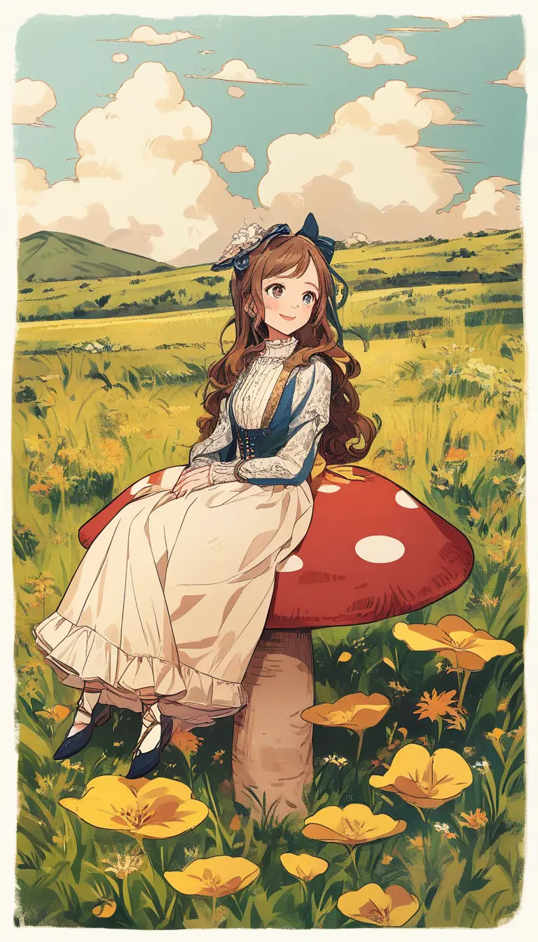 Curious girl in a Victorian dress sitting on a mushroom