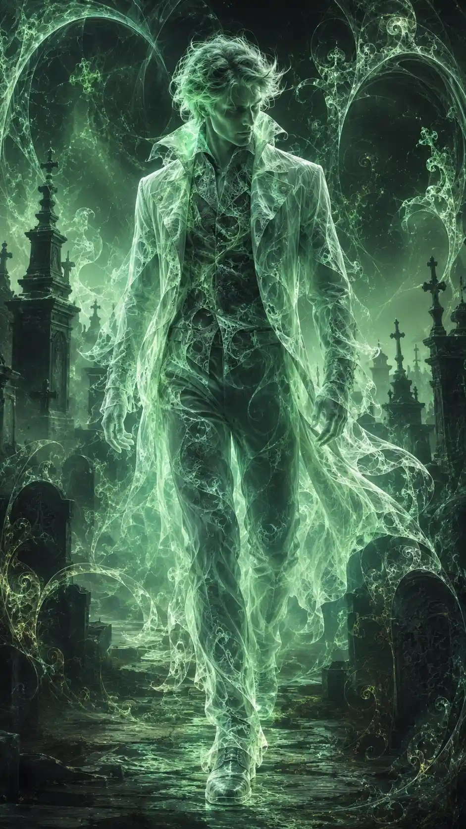 Elegant male ghost figure in a glowing graveyard