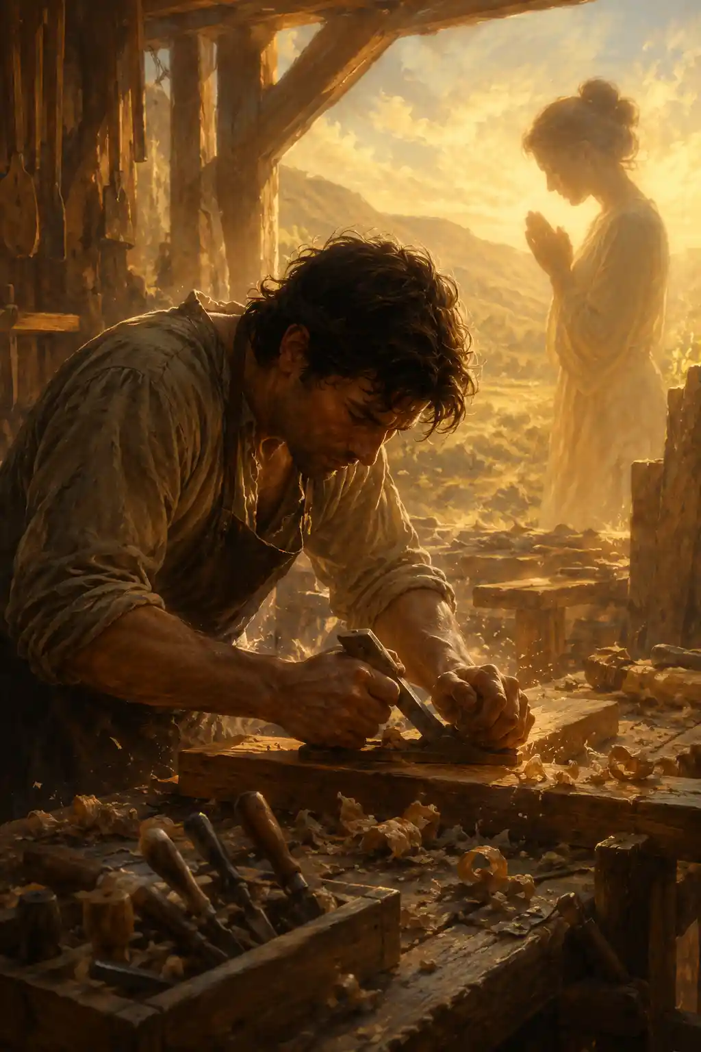 Carpenter Working At Bench In Warm Sunrise Prayer Glow