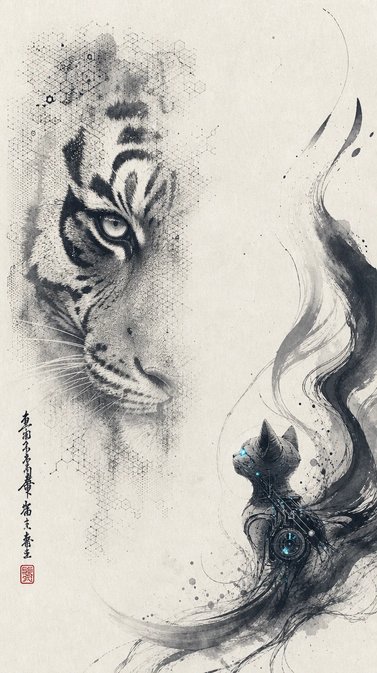 Tigre y gatito paradójicos en transición en una composición abstracta de tinta