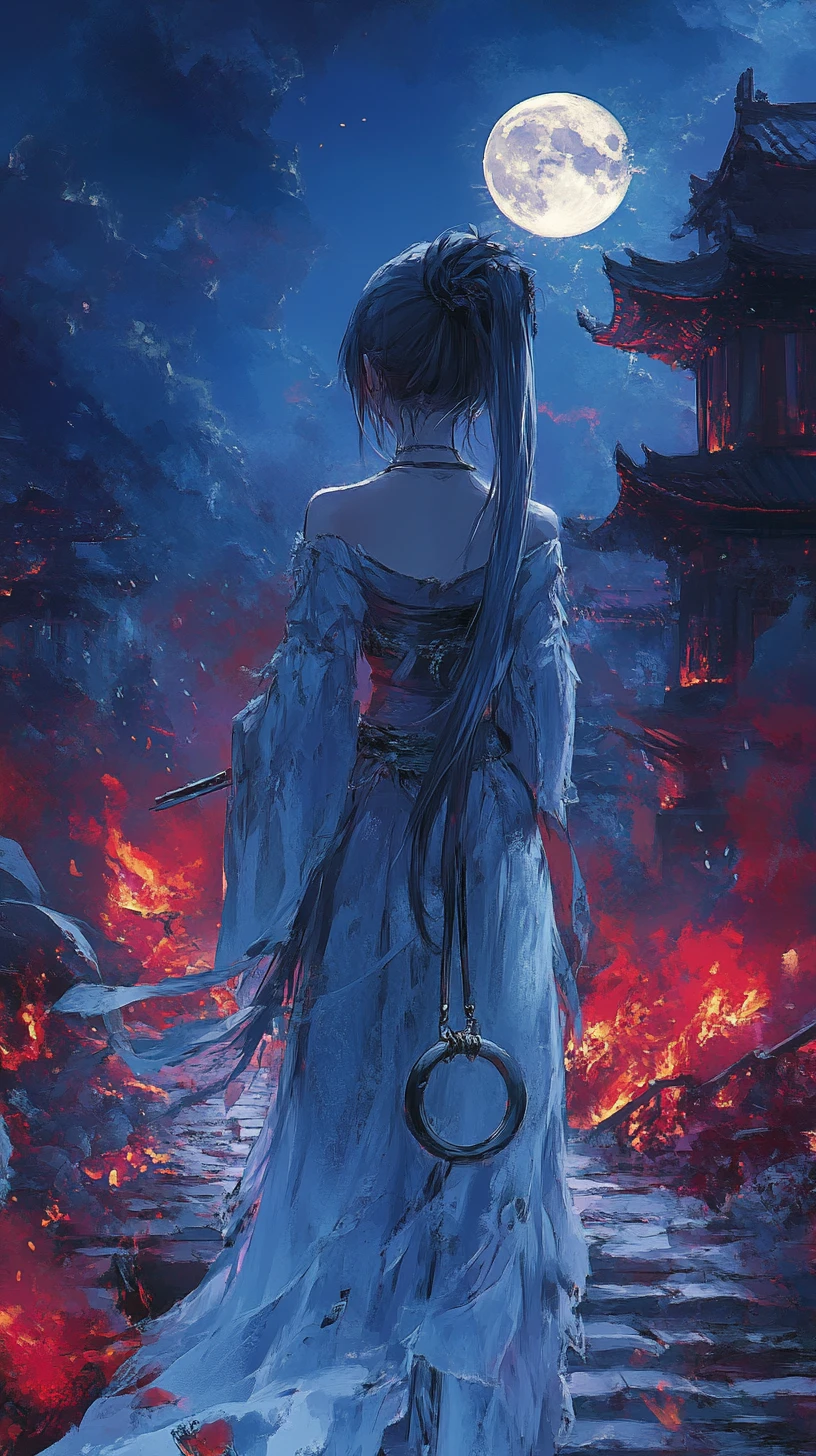 Chica de anime escalando un pilar de piedra sobre un mar de llamas azules