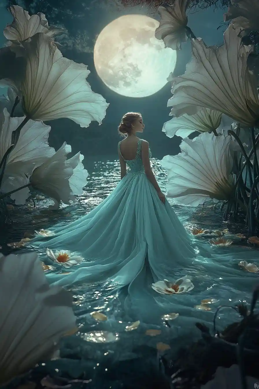 Elegant woman in blue gown gliding across moonlit lake