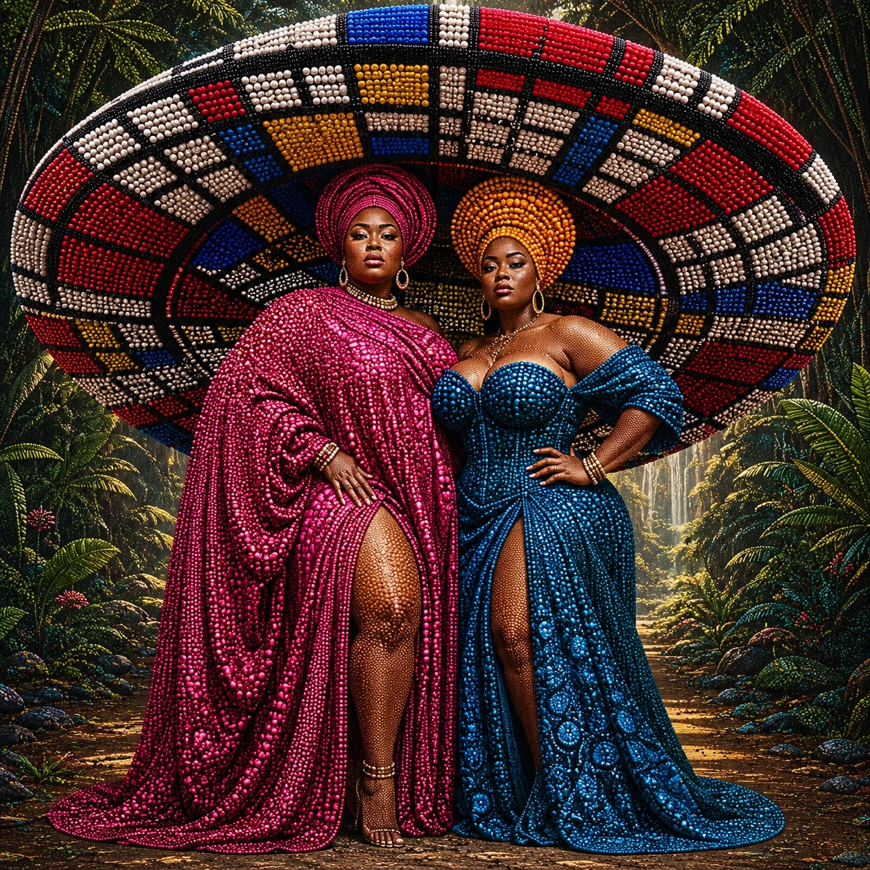 Erhabene kurvige Frauen in surrealer Dschungel-Modekulisse