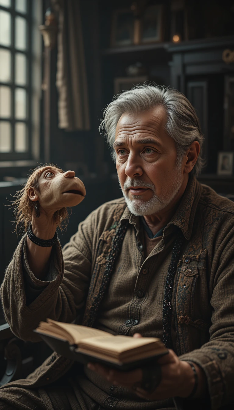 Middle aged storyteller with puppet in dimly lit room