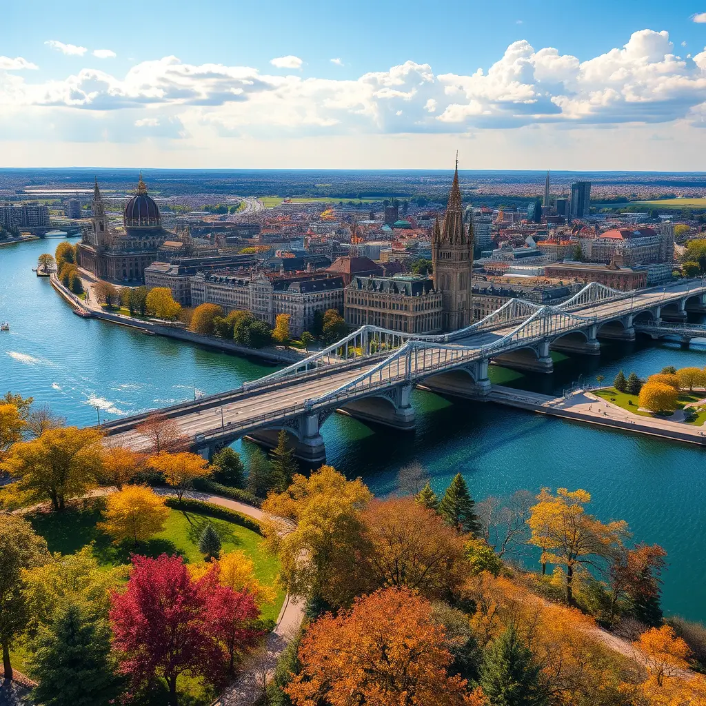 Sunlit riverside cityscape with grand historic architecture
