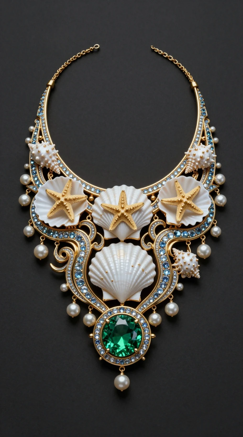 Ornate gold necklace with seashells and emerald gemstone